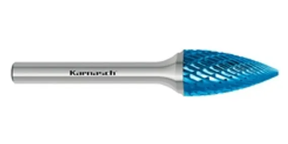 Борфреза твердосплавная Karnasch форма L (конус с закругленной головкой), 3х10х3х38 мм, универсальная насечка HP-3, покрытие Blue-Tec, арт. 11.5081-005