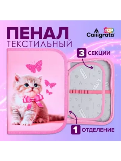 Пенал школьный для девочек 3 секции с котиком твердый