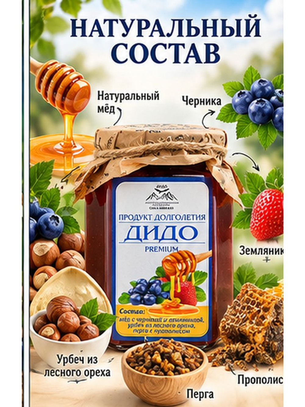 Дагестанский Продукт долголетия ДИДО Premium, 220 г (мёд с черникой и земляникой, урбеч из лесного ореха, перга с прополисом)