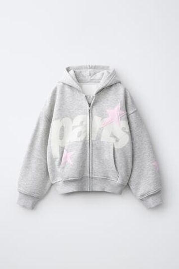 ZARA ХУДИ С ТЕКСТОВЫМ ПРИНТОМ И МОЛНИЕЙ, СЕРЫЙ МЕЛАНЖ