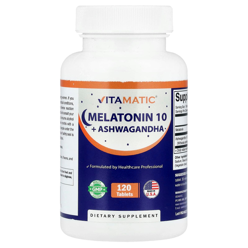 Vitamatic, Мелатонин 10 + ашваганда, 120 таблеток
