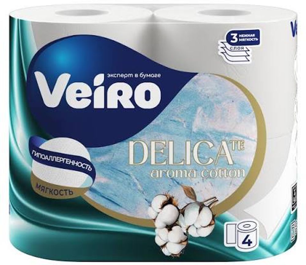Бумага туалетная Veiro DELICATE Aroma Cotton 3 сл (4 рул/10 шт)