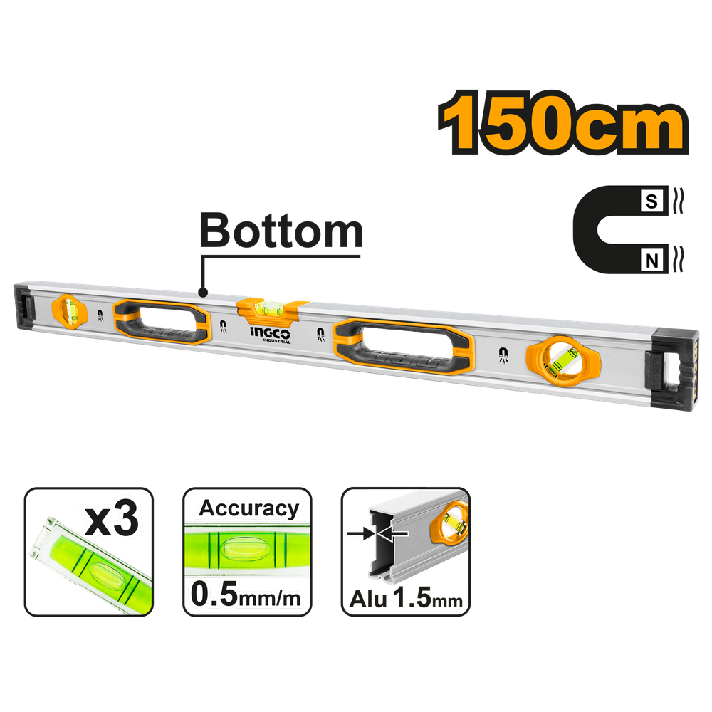 Строительный алюминиевый уровень магнитный INGCO HSL38150M INDUSTRIAL 150 см Строительный алюминиевый уровень магнитный INGCO HSL38150M INDUSTRIAL 150 см