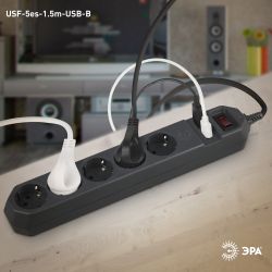 Сетевой фильтр ЭРА USF-5es-1.5m-USB-B с базовой защитой с заземлением с выключателем 5 розеток 1,5м 2хUSB 10А черный | Электротовары