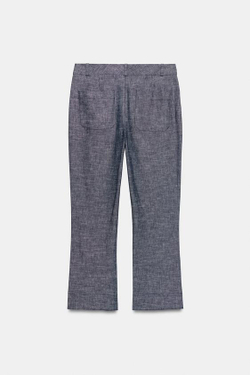 ZARA УКОРОЧЕННЫЕ БРЮКИ MINI FLARE ИЗ СМЕСОВОГО ЛЬНА, СЕРЫЙ