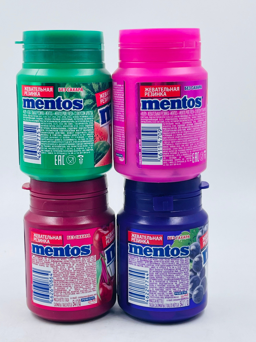 Mentos жевательные резинки без сахара Pure fresh, MIX 4 - Виноград, Арбуз, Вишня, Тутти-Фрутти, 4 шт. по 54 г