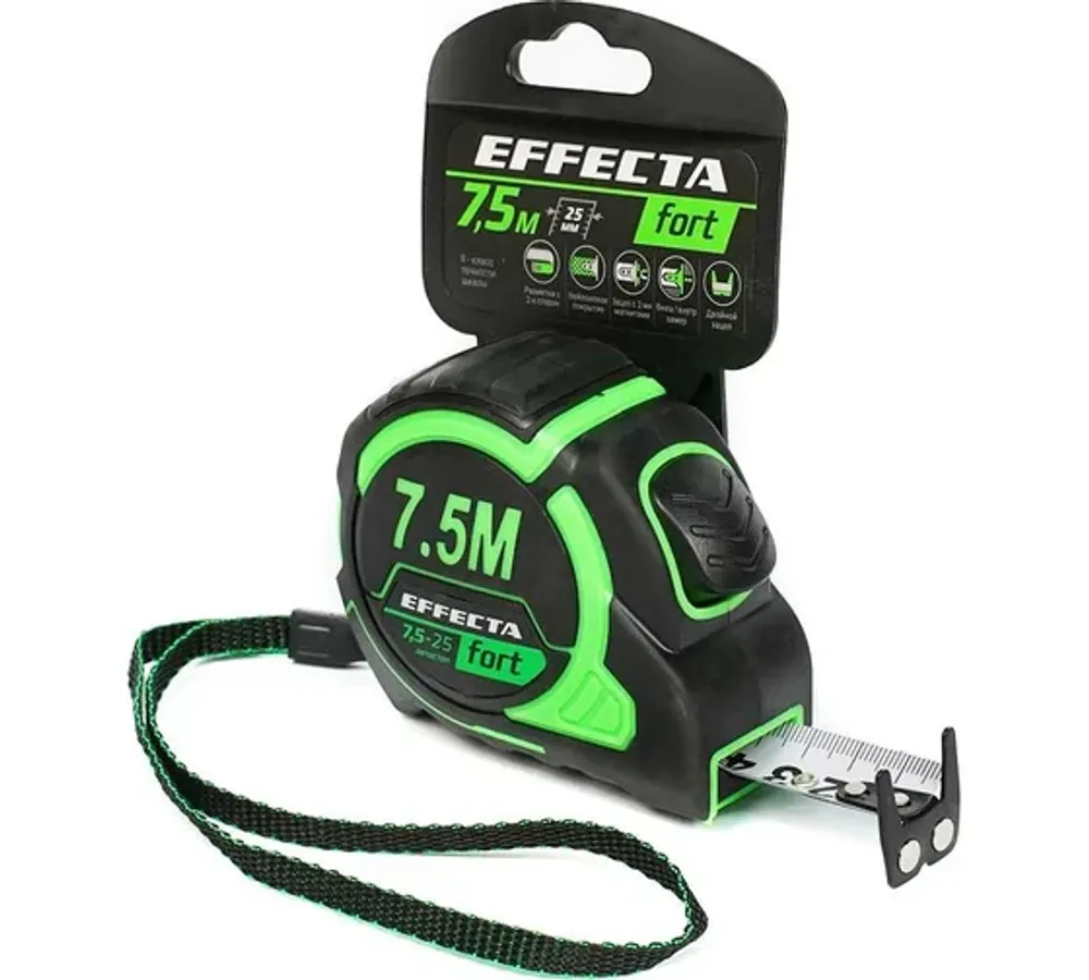 581725 Рулетка Effecta Fort 7,5м/25 мм, магнит, автостоп, лента -2стор шкала- нейлон