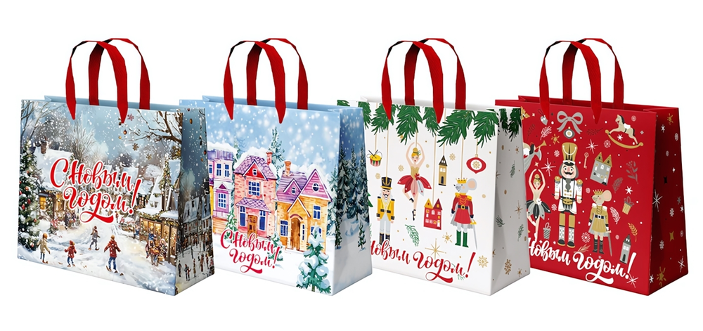 Пакет новогодний 26х13х32см. "Winter Wonderland" фольга, разноцветный принт (Золотая сказка)