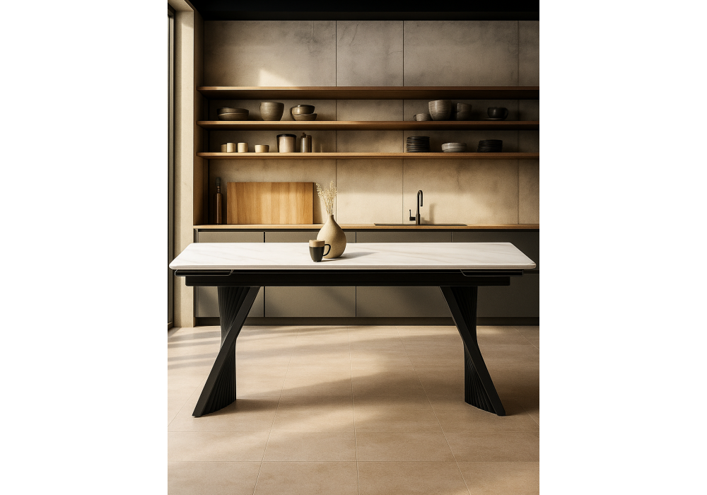 Керамический стол Woodville Вейв 160(220)х89х75 белый мрамор snow white, черный, ножки черные