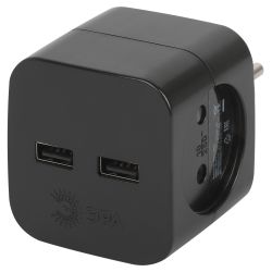 Разветвитель электрический ЭРА SP-2-USB-B на 2 розетки + 2xUSB 2400mA без заземления 10А черный | Электротовары