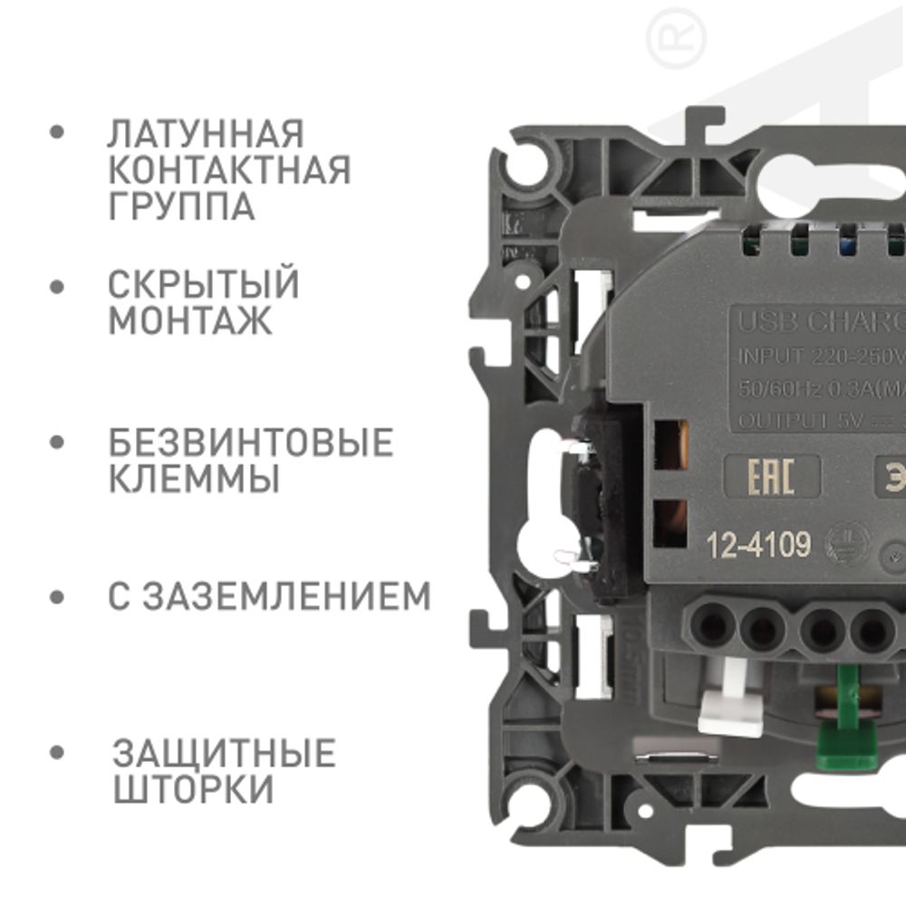 Розетка ЭРА Серия 12 12-4109-03 2P+E 16A-250В штор. с 2xUSB 5В-3А алюминий | Эра 12
