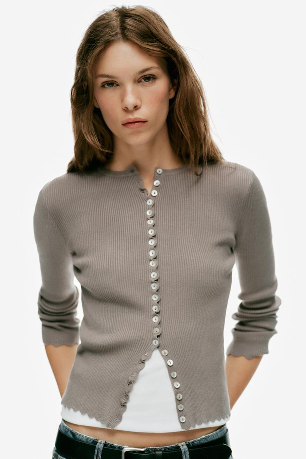 ZARA КАРДИГАН В РУБЧИК, НАТУРАЛЬНЫЙ СЕРЫЙ