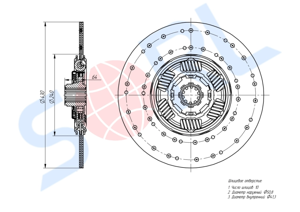 Диск сцепления ведомый 430WGTZ 2"-10N КАМАЗ 5490 AS Tronic, MAN, MERCEDES-BENZ (1878080037) SORL