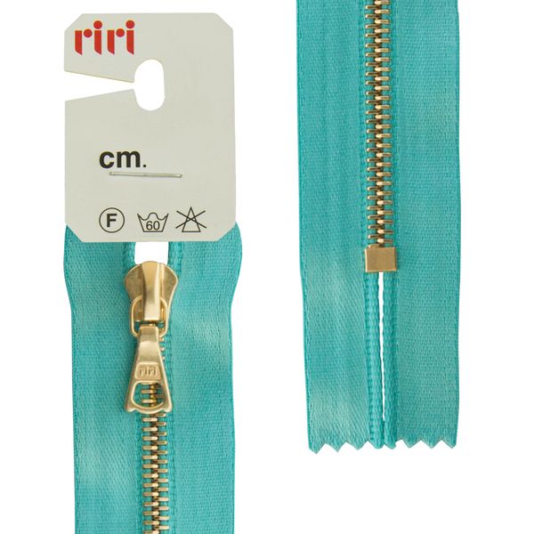 Молния металл RIRI Т4 (4 мм) 1 зам., н/раз., 16 см, Gold, атласная тесьма, цв.5859, бирюзовый, 1 шт