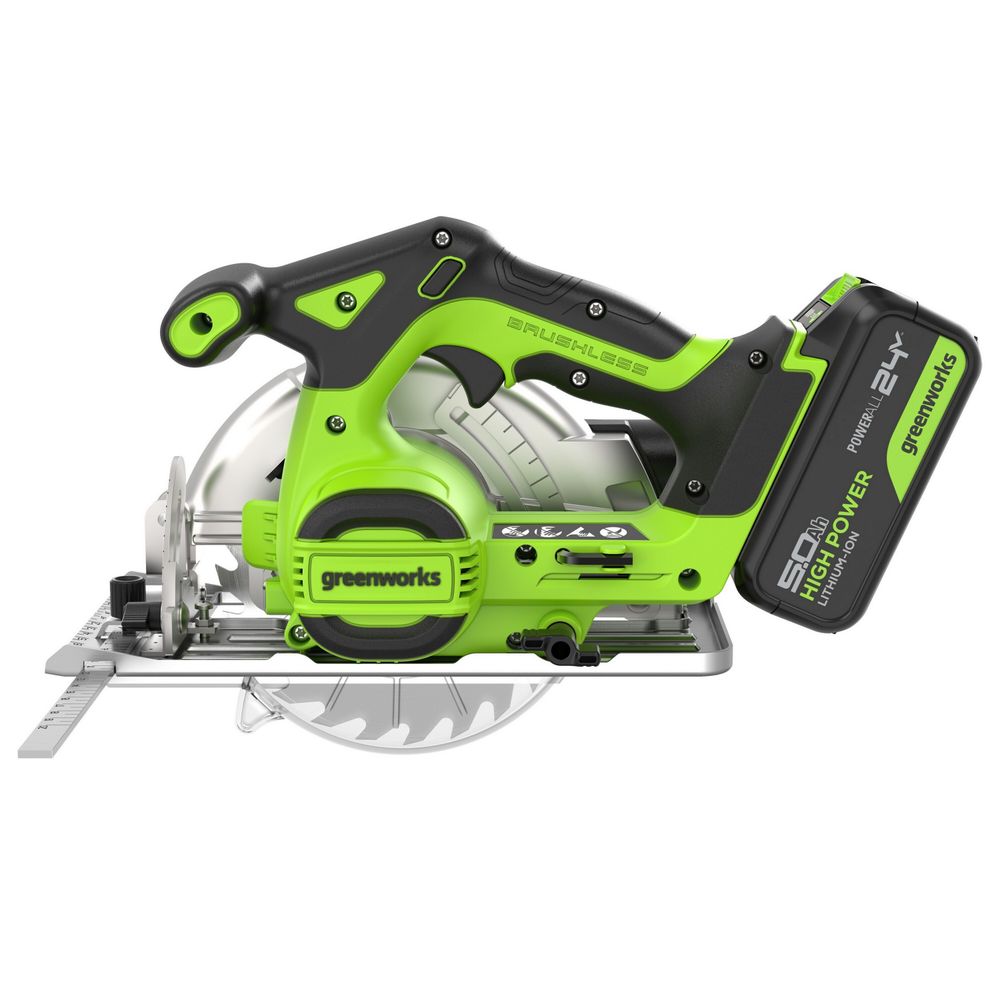 Дисковая пила акк. Greenworks GD24CS165, 24V,б/щет,165х20мм, 4800 об/мин, рез 57мм,1х5Ач,ЗУ,кор (1501607CUG)