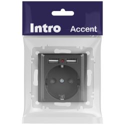 Розетка Intro Accent 6-410-07 с заземлением 2P+E Schuko со шторками 16А-250В + 2хUSB IP20 СУ графит | Intro