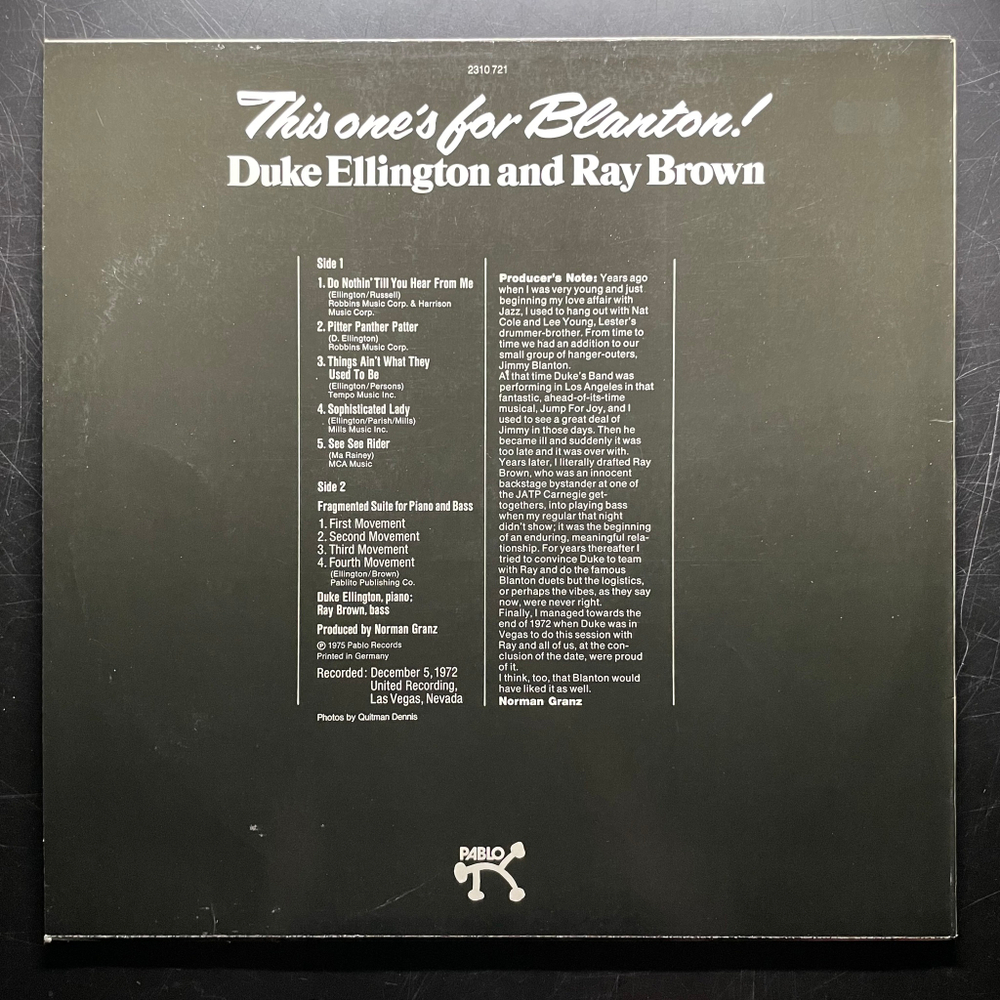 Duke Ellington And Ray Brown ‎– This One's For Blanton! (Германия 1975г.)
