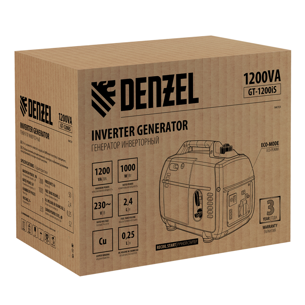 Генератор инверторный Denzel GT-1200iS, 1.2 кВт, 230 В, бак 2.4 л, закрытый корпус, ручной старт, арт.94701