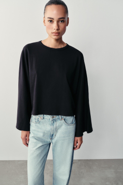 ZARA ХЛОПКОВАЯ ФУТБОЛКА С ШИРОКИМИ РУКАВАМИ, МОРСКОЙ СИНИЙ