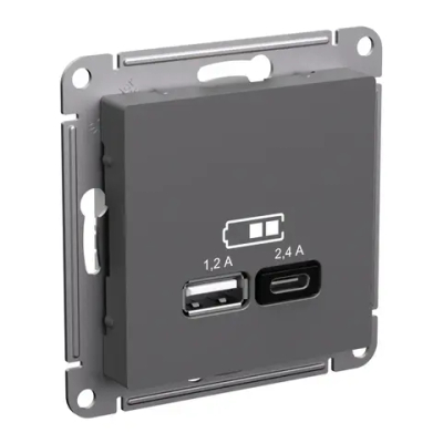 ATLASDESIGN USB РОЗЕТКА А+С, 5В/2,4А, 2х5В/1,2А, механизм, БАЗАЛЬТ