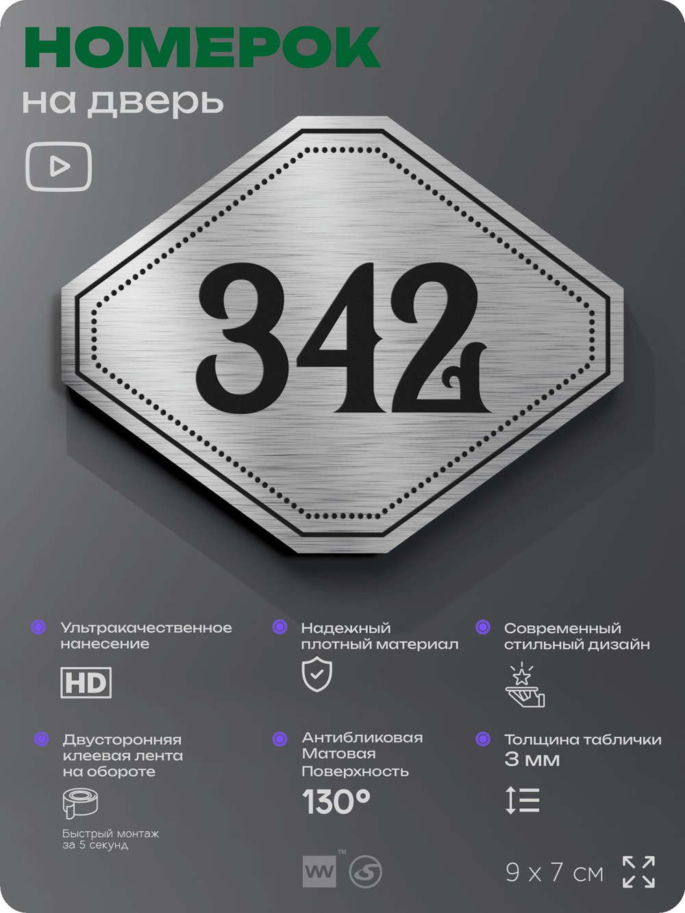 Номерок на дверь квартиры 342, для кабинета, офиса, шильдик 9 х 7 см, брашированная сталь, Айдентика Технолоджи