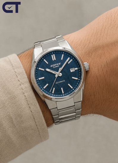 CASIO EFK-110D-2ADR EDIFICE мужские наручные часы — автоматическая модель с синим текстурированным циферблатом и сапфировым стеклом