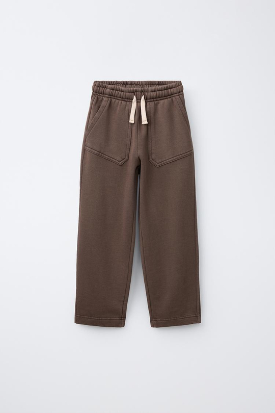 ZARA БРЮКИ BARREL ИЗ МЯГКОЙ ТКАНИ С НАШИВКОЙ, КОРИЧНЕВЫЙ