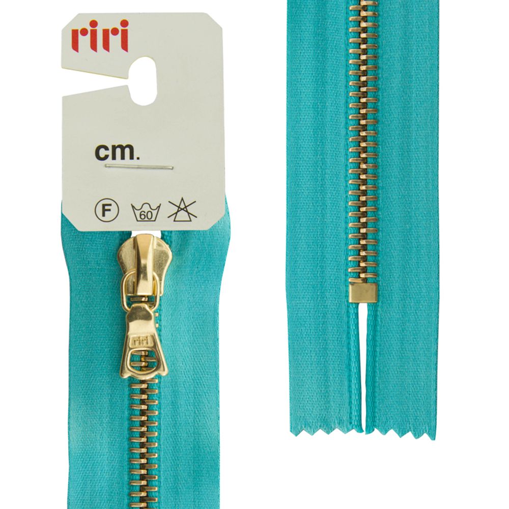Молния металл RIRI Т6 (6 мм) 1 зам., н/раз., 16 см, Gold, атласная тесьма, цв.5859, бирюзовый, 1 шт