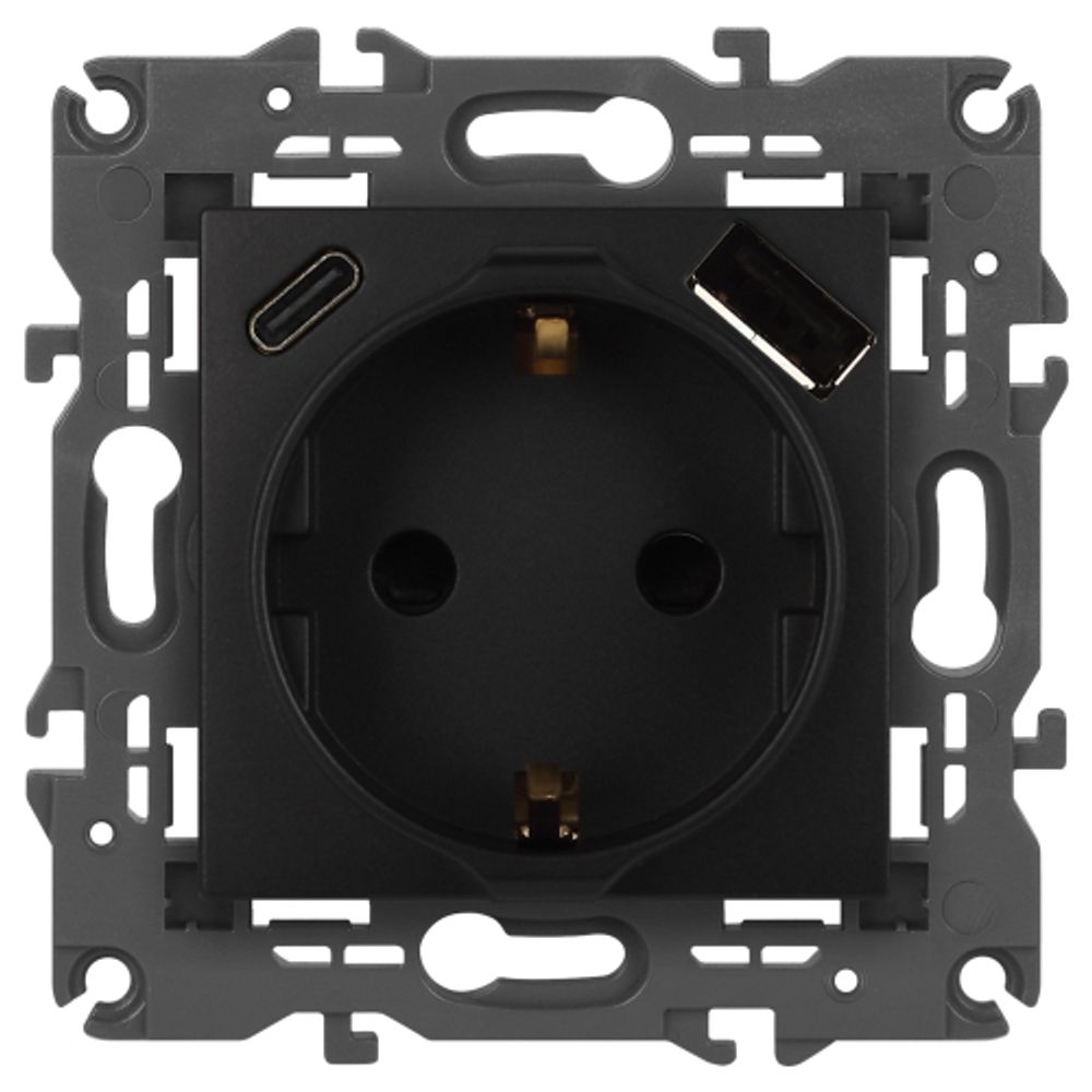 Розетка ЭРА Elegance 14-4108-05 2P+E 16A-250В со шторками с USB type-A+C 5В-3А антрацит | Эра Elegance