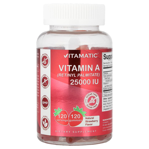 Vitamatic, Витамин A (ретинилпальмитат), натуральная клубника, 25000 МЕ, 120 жевательных таблеток