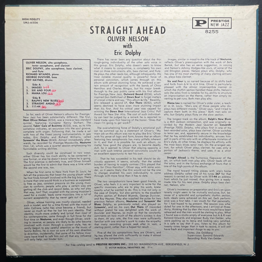 Oliver Nelson With Eric Dolphy ‎– Straight Ahead (Япония 1976г.)