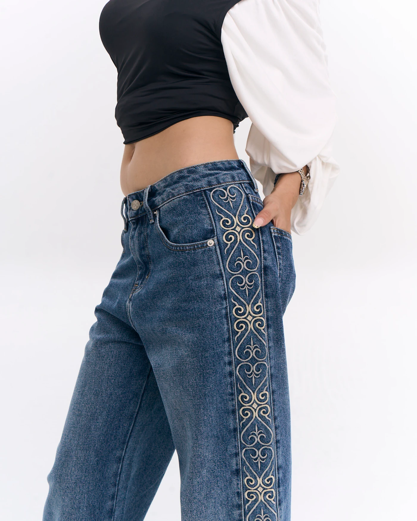 Medium Dark Blue Jeans with Side Embroidery and Stone Wash Effect
