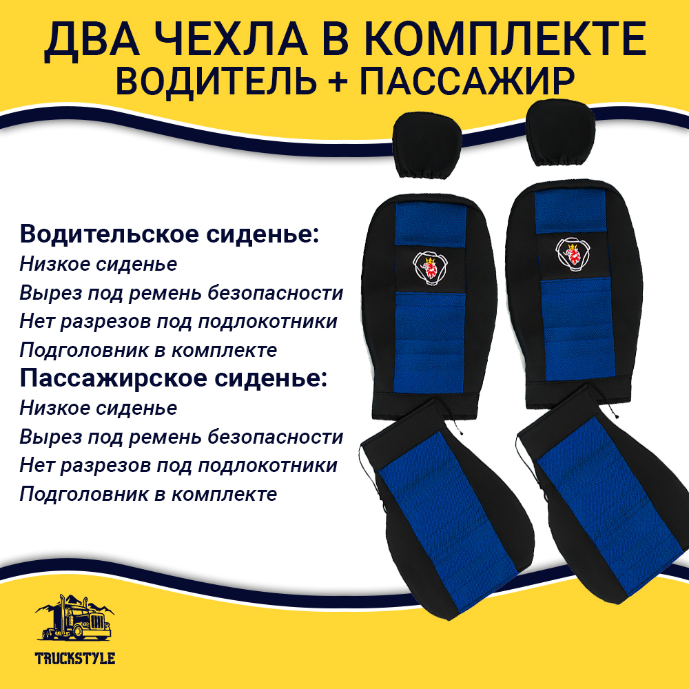 Чехлы SCANIA: 4 серия 2 низких сиденья (полиэфир, черный, синяя вставка)