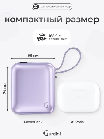 Внешний аккумулятор Gurdini Flow Power (CCC) 10000 mAh 20W ( built-in cables) USB-C/Lightning Light Purple