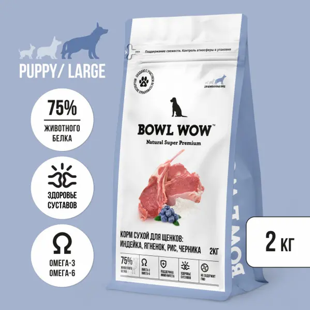 Bowl wow корм сухой для щенков крупных пород: индейка, ягненок, рис, черника