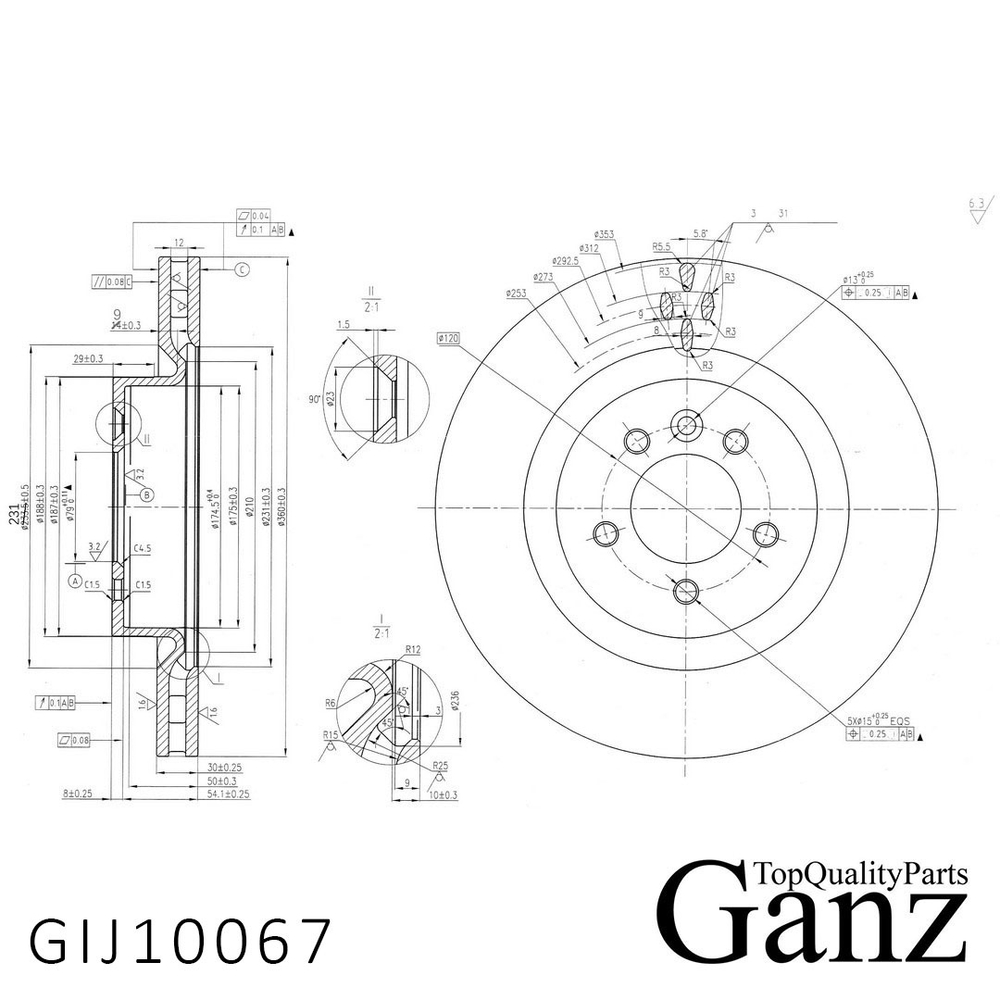 Диск тормозной передний с покрытием LAND ROVER Range RoverIII/Discovery III/IV GANZ GIJ10067