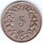 5 раппенов 1925 год. Швейцария. Медно-никель VF-XF