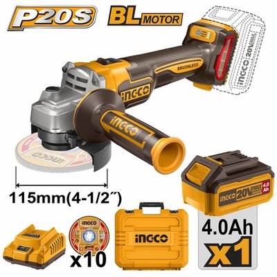 Аккумуляторная УШМ 20В, BL 115/125 мм 1хАКБ 4Ач и ЗУ SUPER INGCO CAGLI211541 INDUSTRIAL