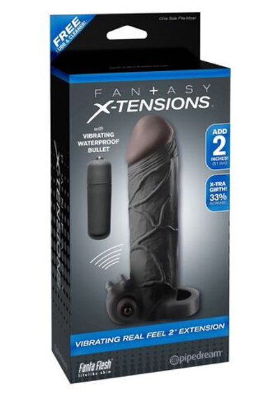 Чёрная вибронасадка с кольцом Vibrating Real Feel 2 Extension - 16 см. (Цвет: черный)