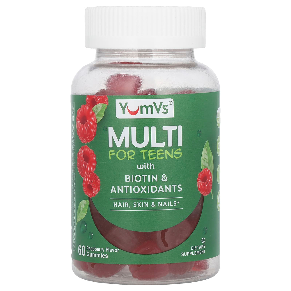 YumVs, Мультивитамины для подростков с биотином и антиоксидантами, малина, 60 жевательных таблеток