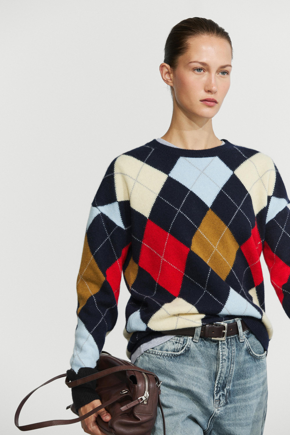 Massimo Dutti Свитер из 100% шерсти с ромбами, темно-синий
