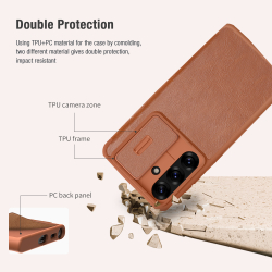 Кожаный чехол книжка коричневого цвета от Nillkin для Samsung Galaxy S25, серия Qin Pro Leather с сдвижной защитной шторкой для камеры