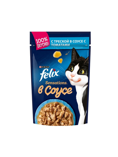 Влажный корм Felix Sensations для кошек, треска в соусе с томатом, 85 г