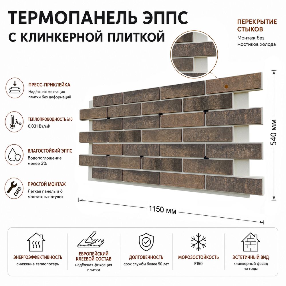 Клинкерная фасадная термопанель ЭППС Береза Керамика Арфак Коричневый 1150x540