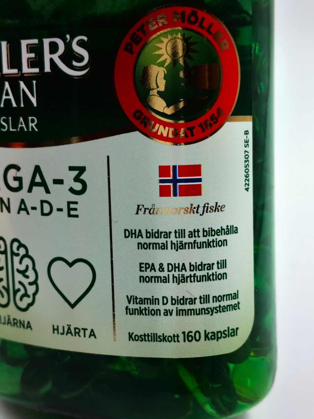 Moller Tran Omega-3 DHA и EPA, витамины D +A+E. 160 капсул (Норвегия)