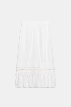 ZARA ЛЬНЯНАЯ ЮБКА МИДИ С БАХРОМОЙ, БЕЛЫЙ