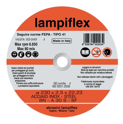 Отрезной диск по нержавеющей стали 230х2,5х22,2 Lampiflex BF/BNA30S230x2,5