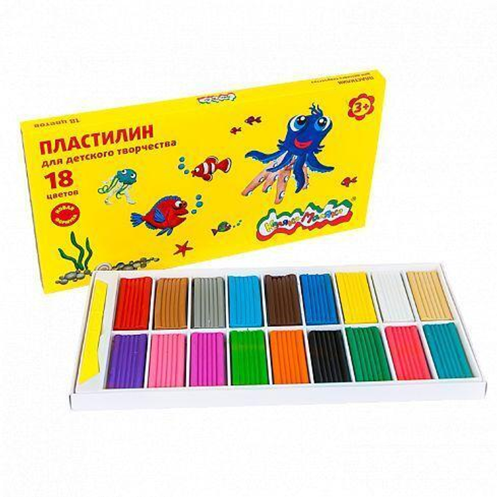 Пластилин классический 18 цветов, 270 гр, со стеком (Каляка-Маляка)