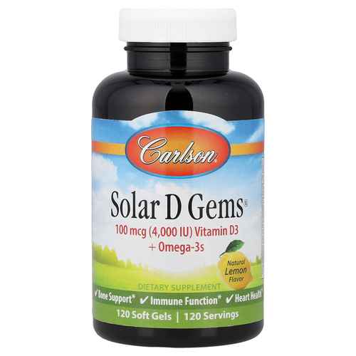 Carlson, Solar D Gems®, витамин D3 и омега-3 кислоты, натуральный лимонный вкус, 120 капсул