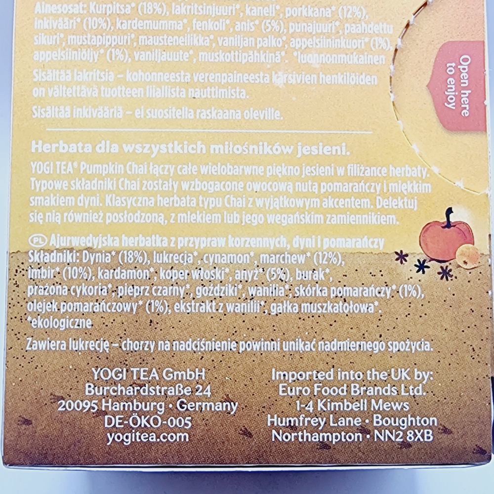 Чай Yogi Tea Pumpkin с тыквой, имбирем, травами и апельсином 1 уп.32,3 г (17 пакетиков по 1,9 г) (Германия)